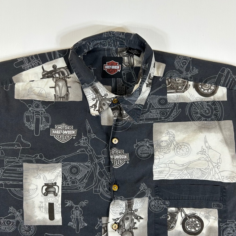 Harley Davidson Mens Black Graphic Motorcycle Print Button Up Shirt Large 1175